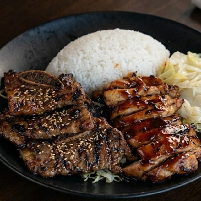 Teriyaki Chicken with Beef Short Ribs.