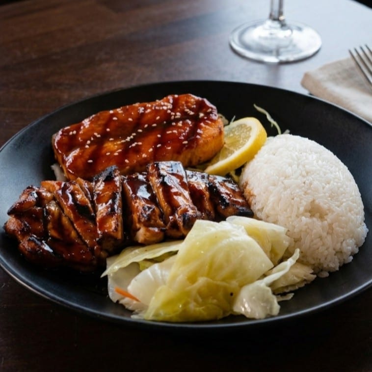 Teriyaki Chicken with Salmon.